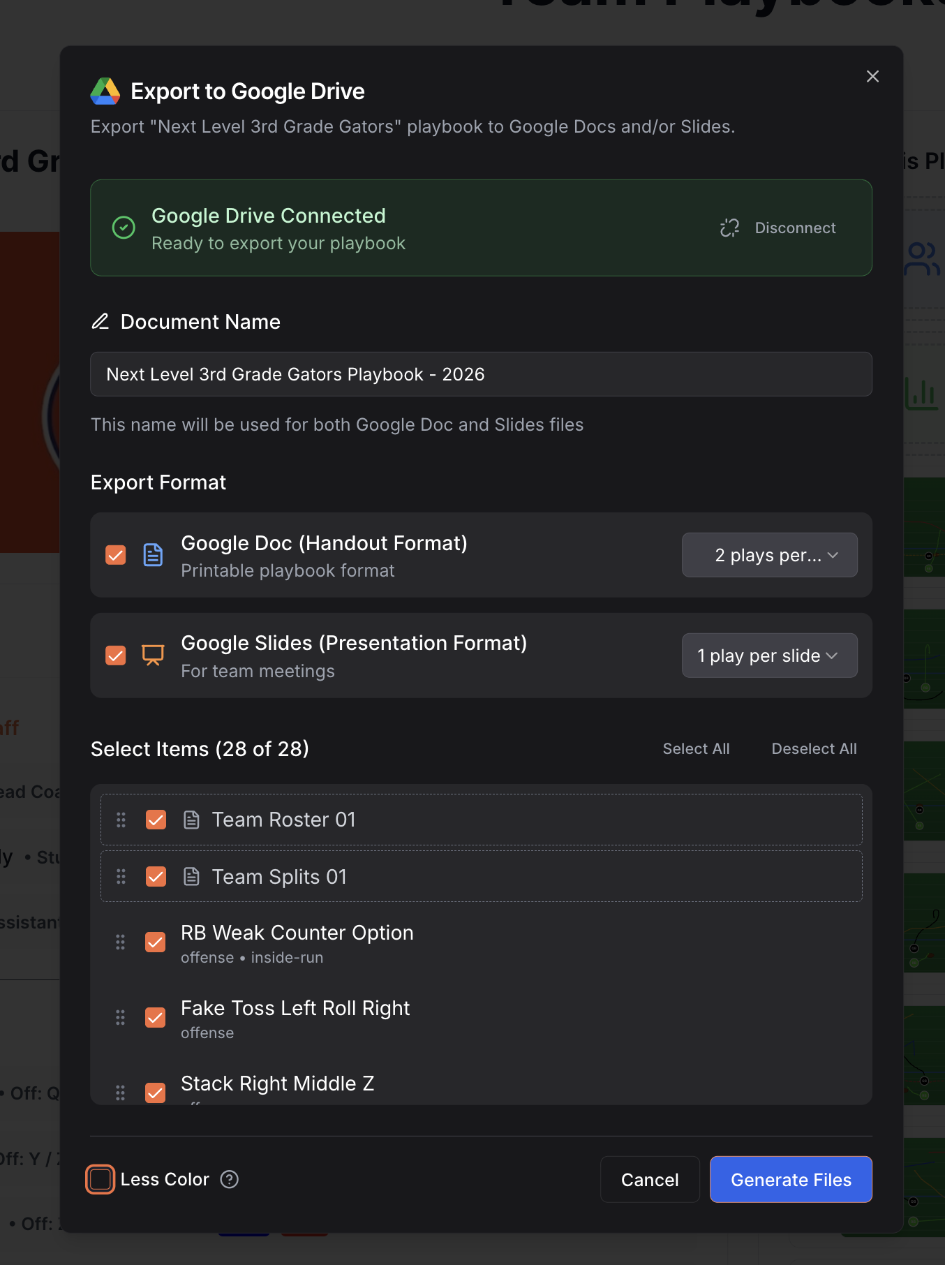Exporting a completed football playbook to Google Docs or Google Slides