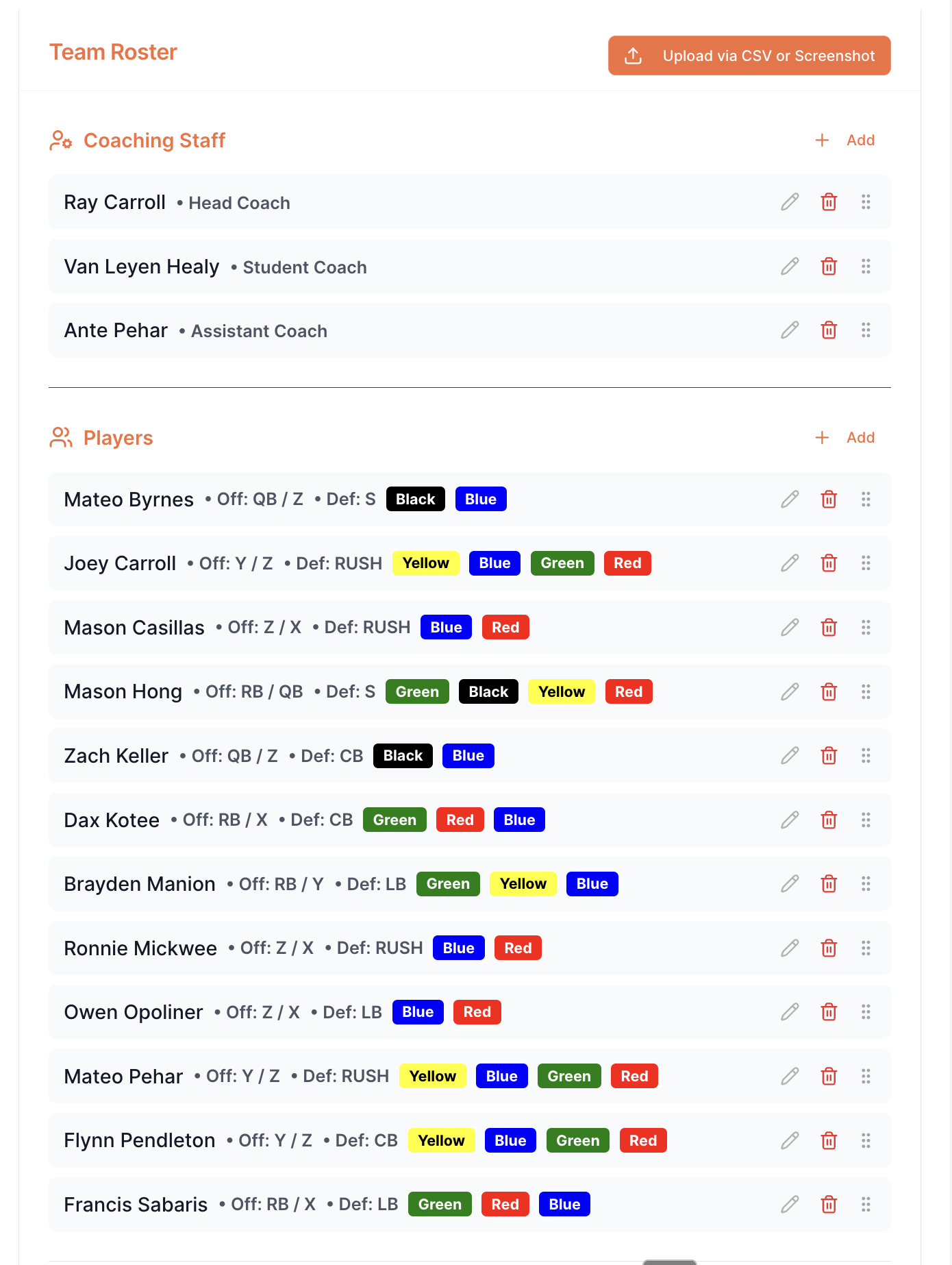 Importing a team roster into the RC Football playbook maker with suggested position assignments