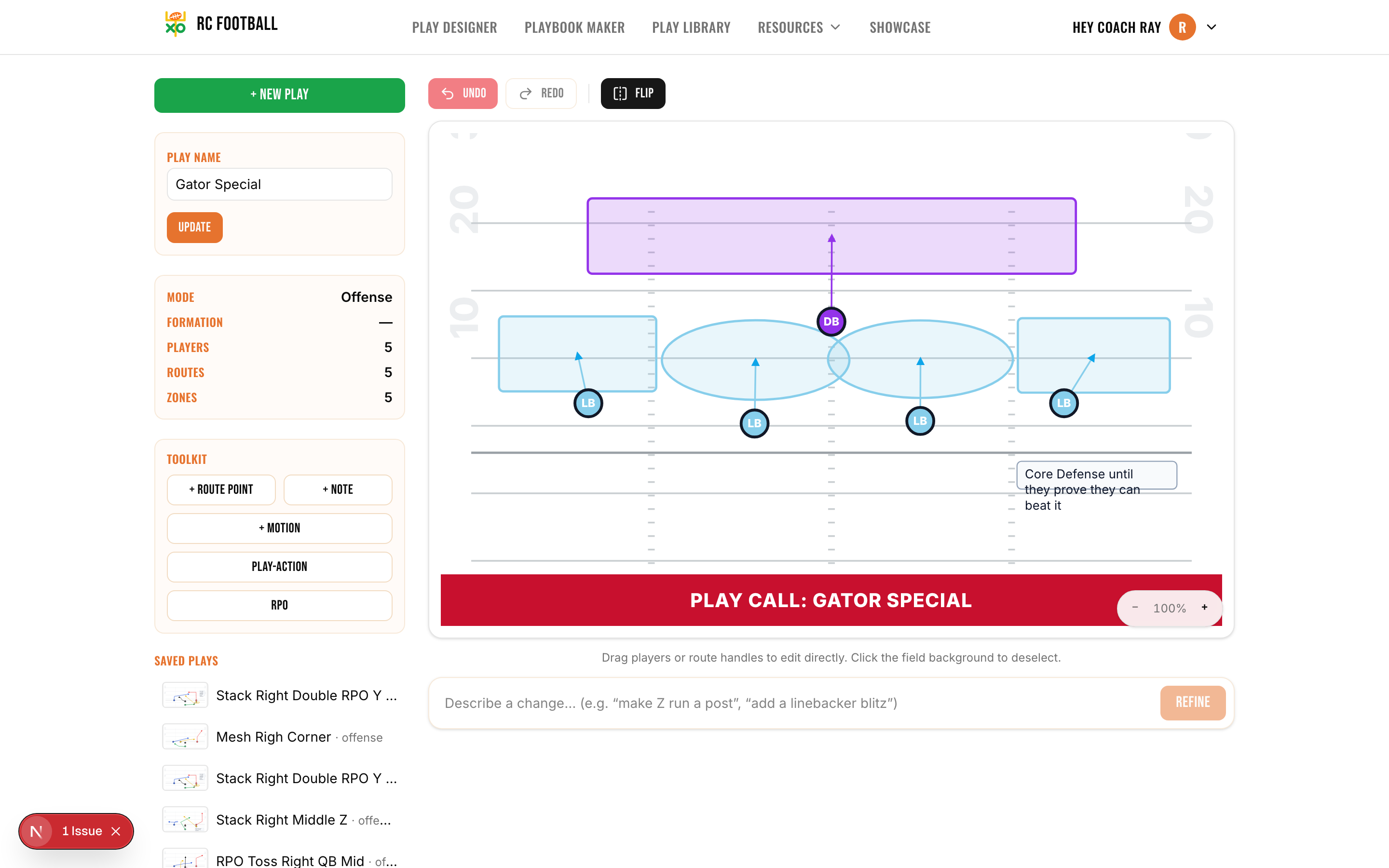 The play designer showing a defensive coverage with shaded zones and assignment stems