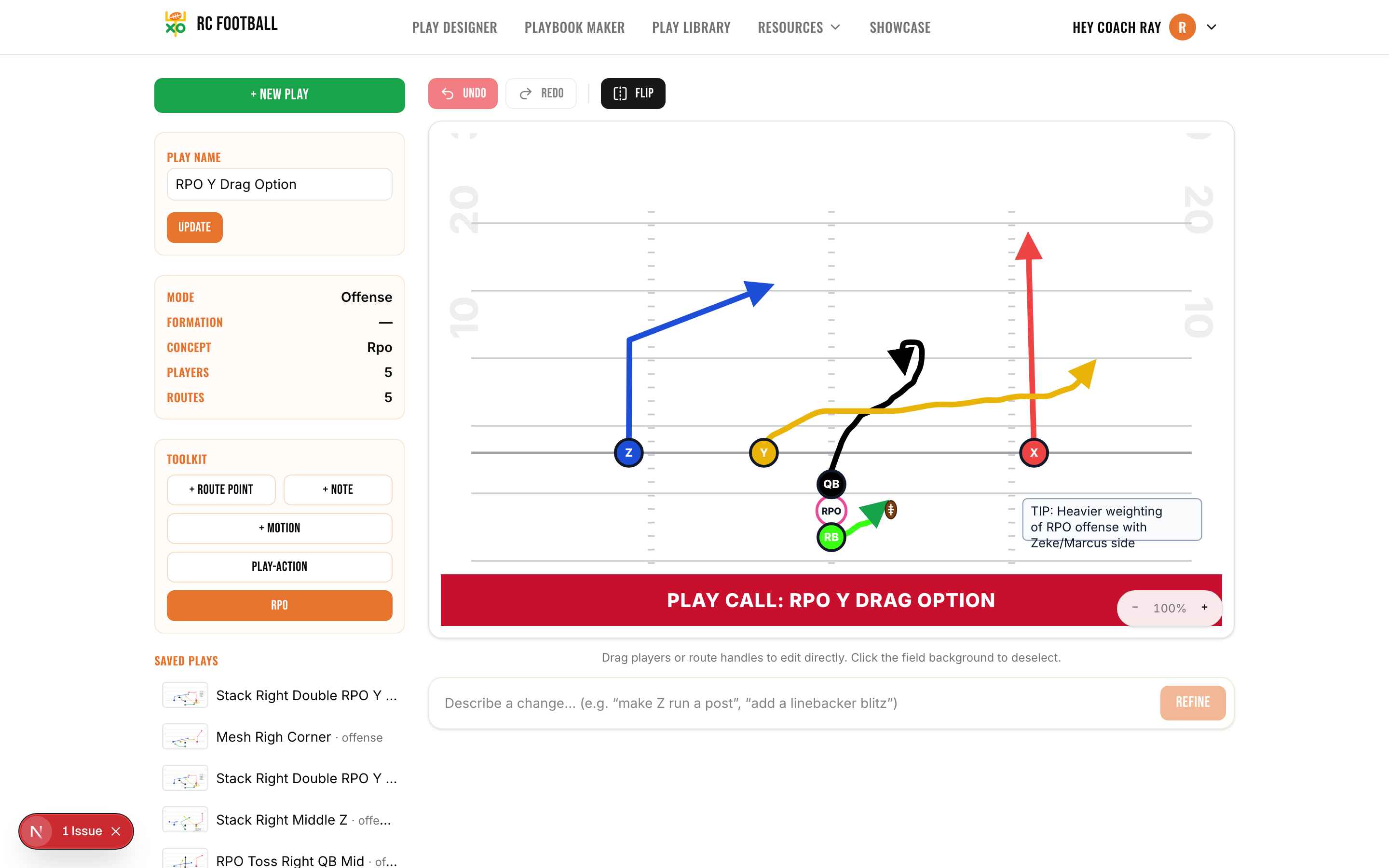 The RC Football play designer with an RPO play diagrammed on the field