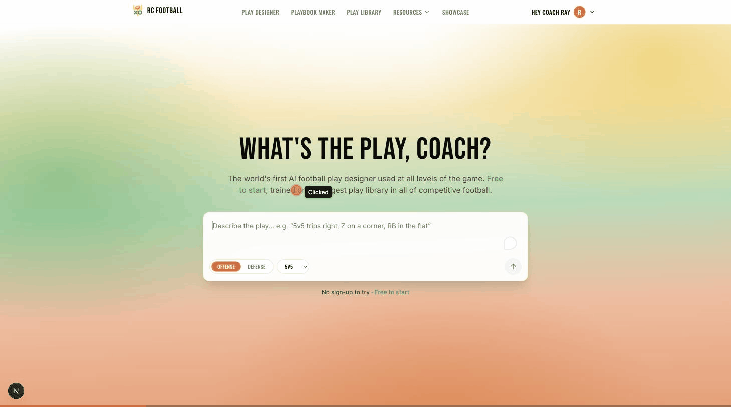 Typing a play in plain English on the home screen, then the AI drawing it on the field in the play designer.