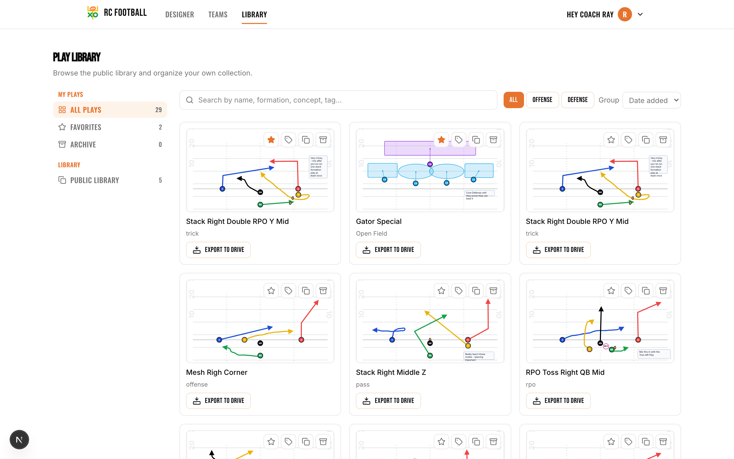The RC Football play library grid of saved plays with diagrams