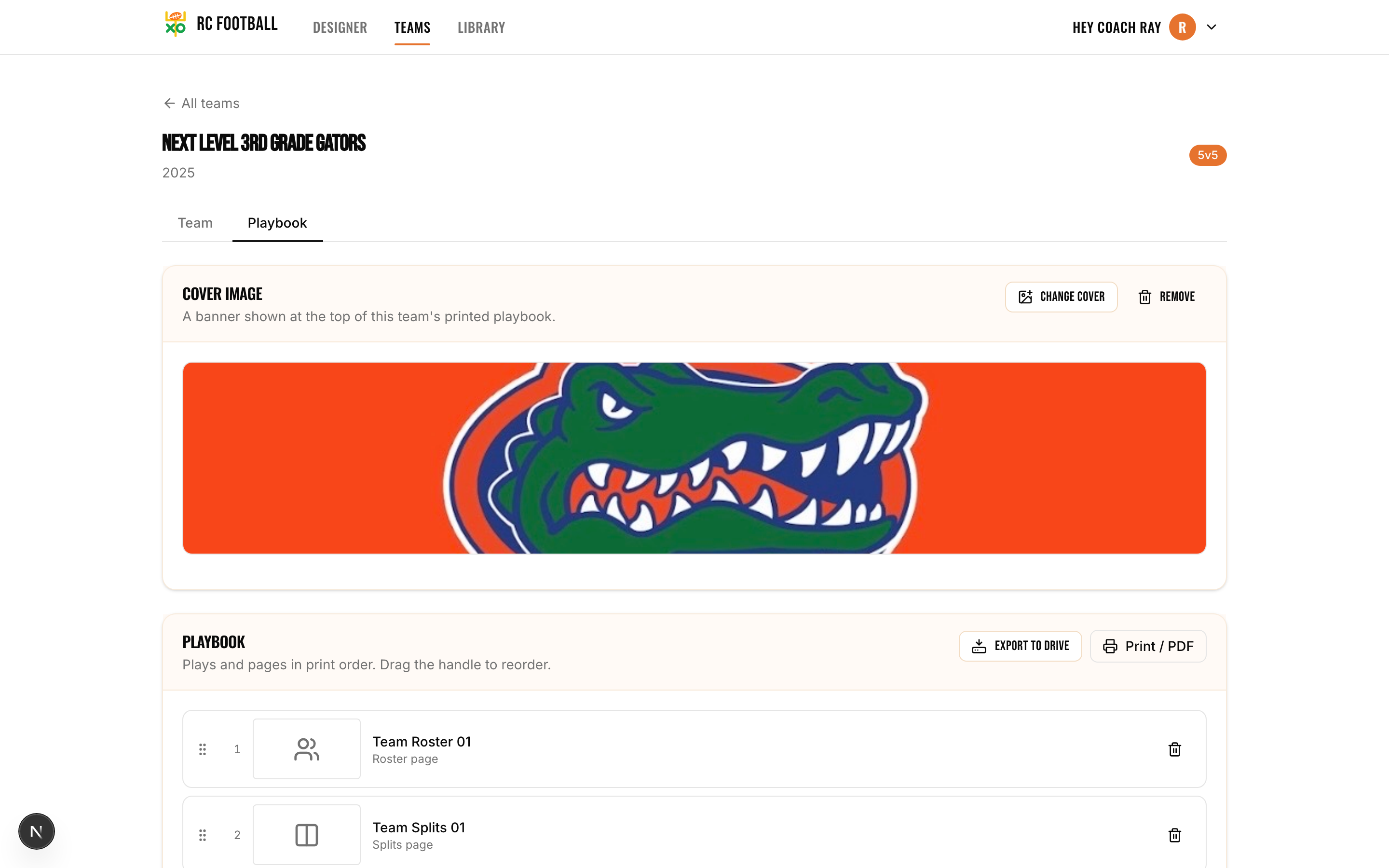 A team playbook with a cover image and an ordered list of plays